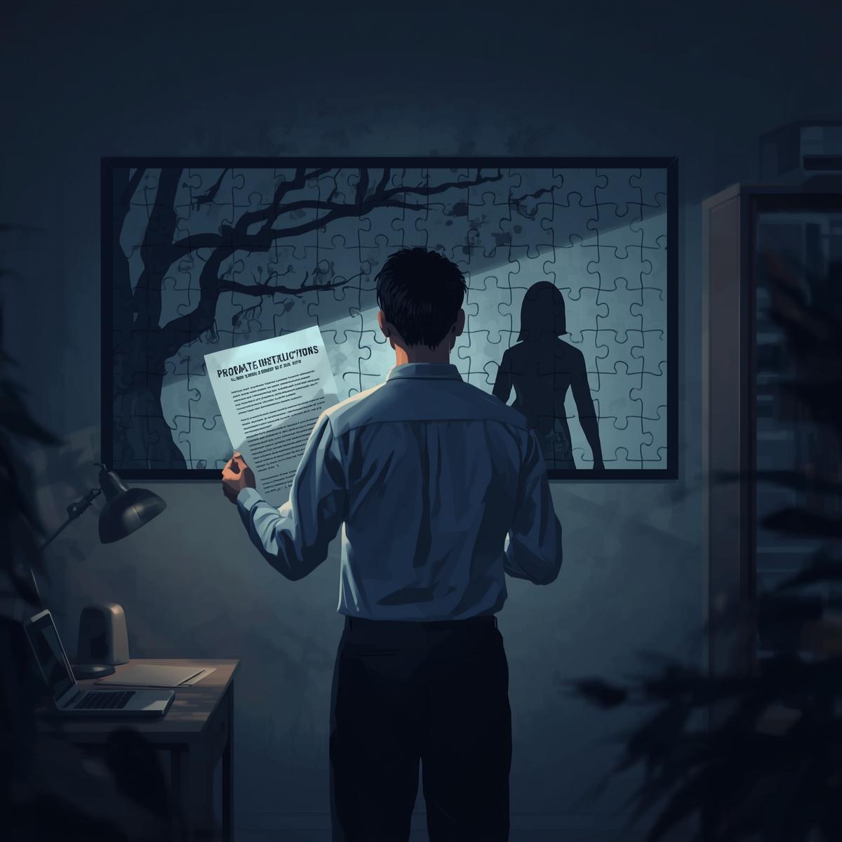 art only image of a man looking at a family tree on the wall missing a puzzle piece